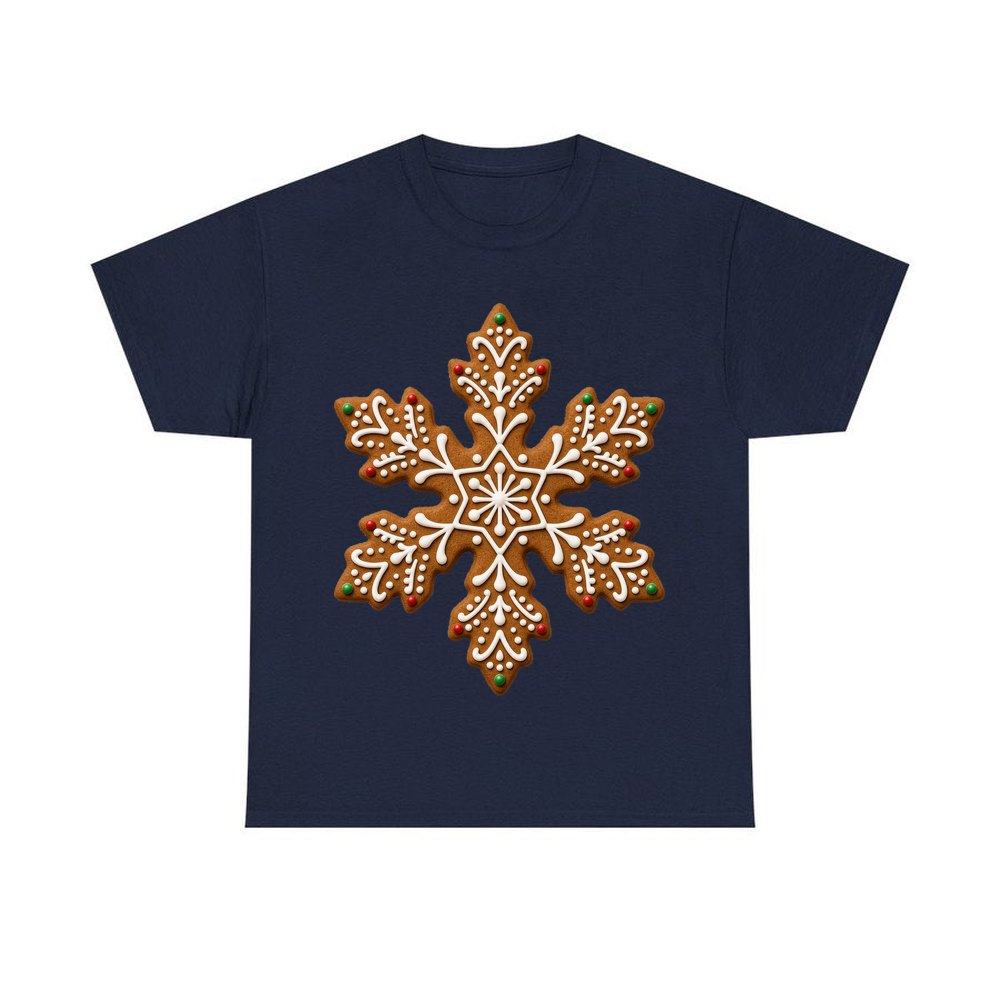 Iced Gingerbread Snowflake Biscuit personalised Christmas T-shirt in navy