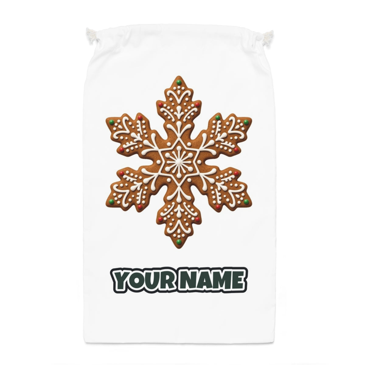 Iced Gingerbread Snowflake Biscuit Santa sack laid flat, showing the full print