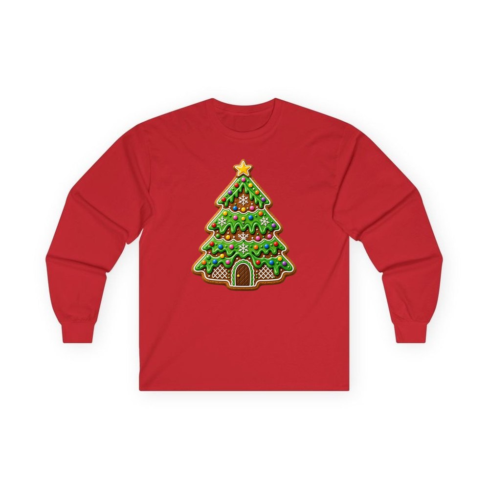 Iced Gingerbread Tree personalised long sleeve Christmas T-shirt in red