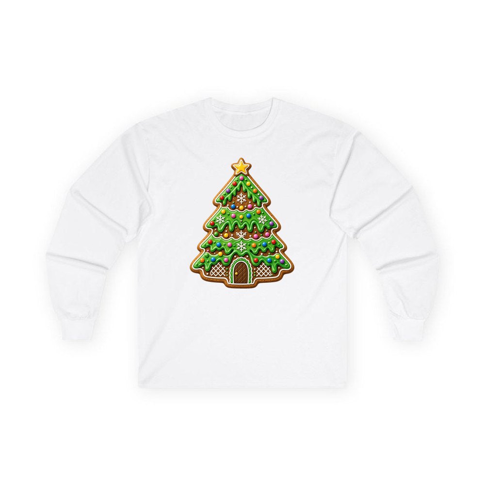 Iced Gingerbread Tree personalised long sleeve Christmas T-shirt in white