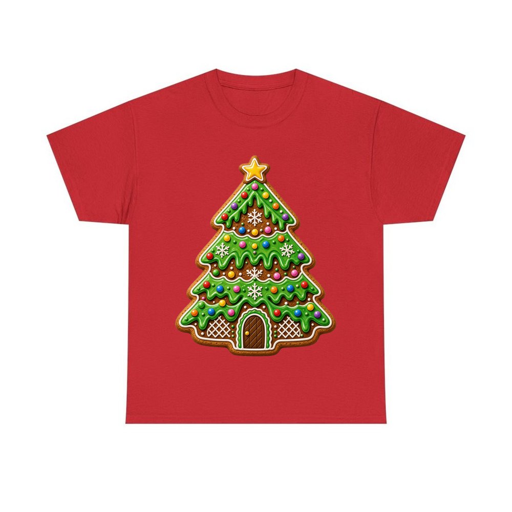 Iced Gingerbread Tree personalised Christmas T-shirt in red