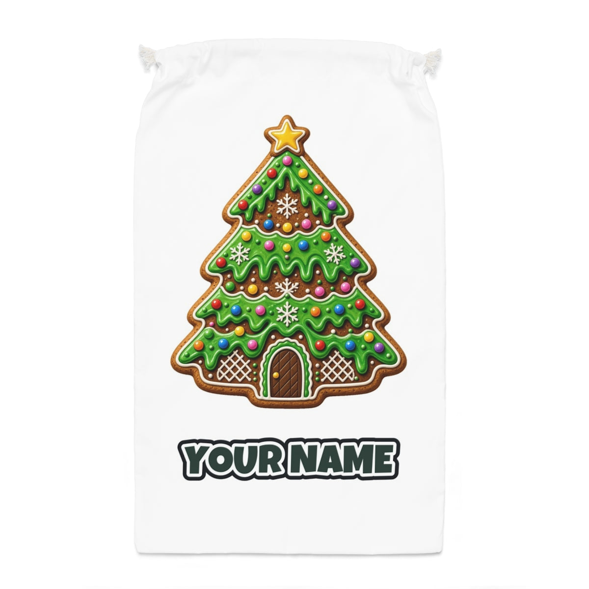 Iced Gingerbread Tree Santa sack laid flat, showing the full print
