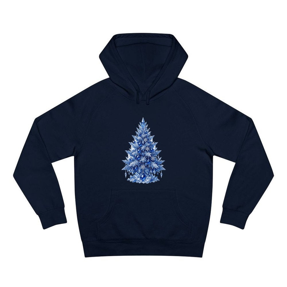 Icy Blue Crystal Tree personalised Christmas hoodie in navy