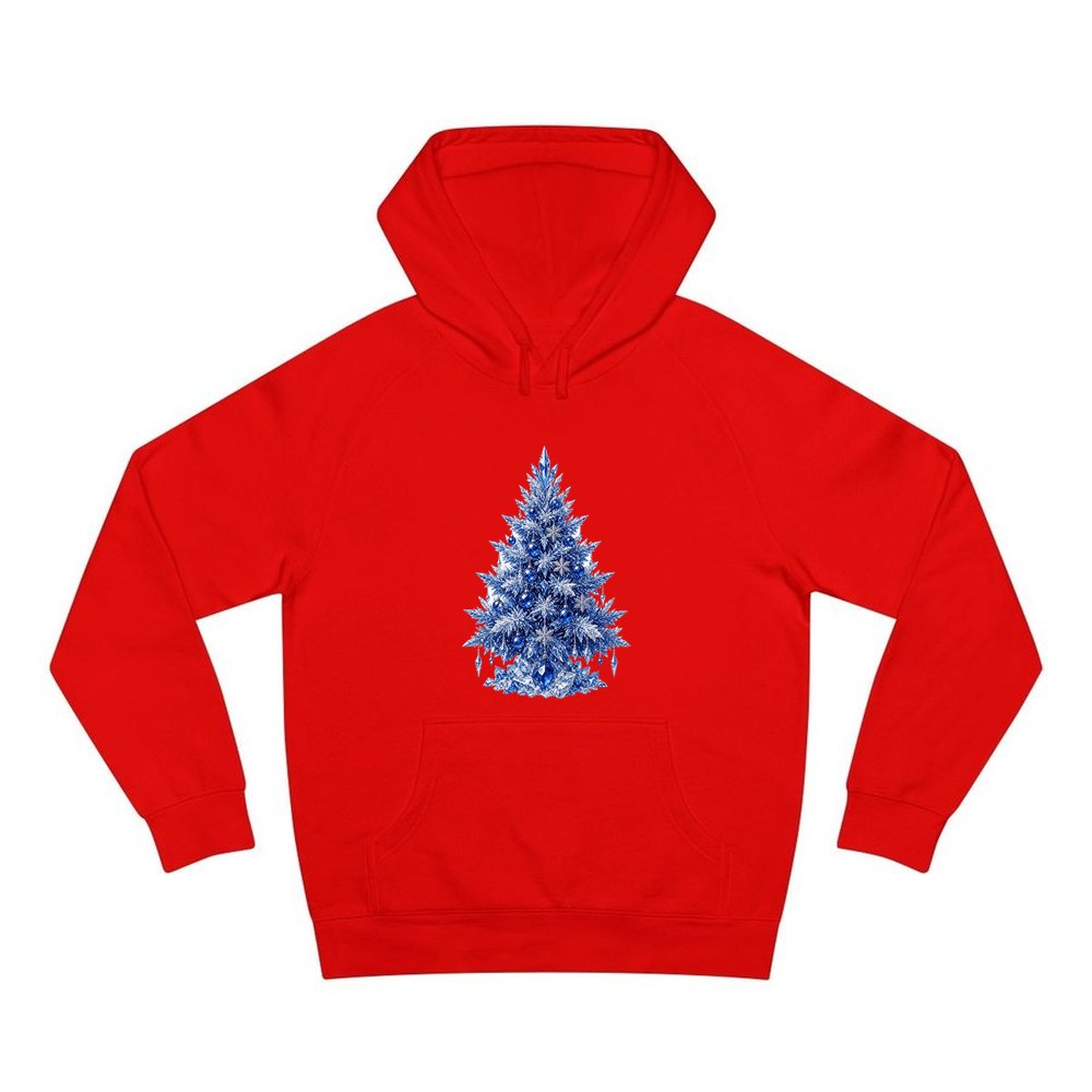 Icy Blue Crystal Tree personalised Christmas hoodie in red