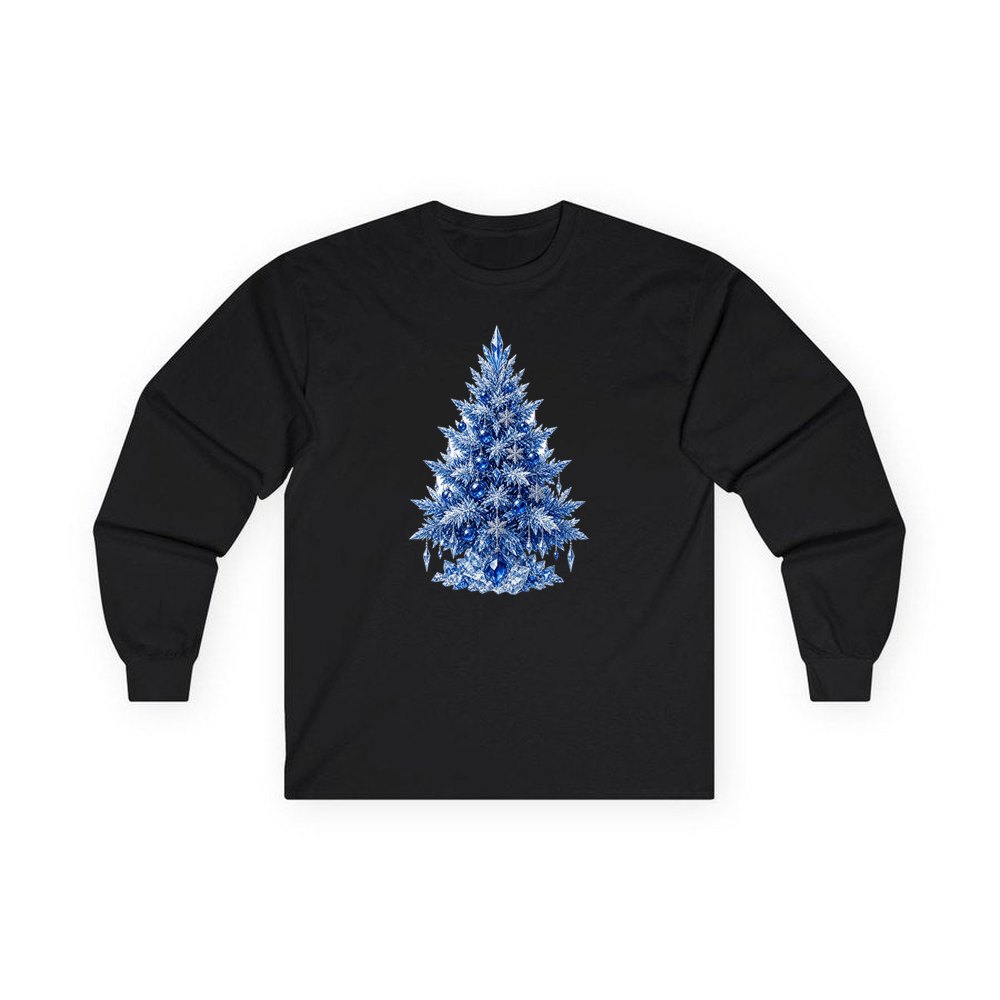 Icy Blue Crystal Tree personalised long sleeve Christmas T-shirt in black
