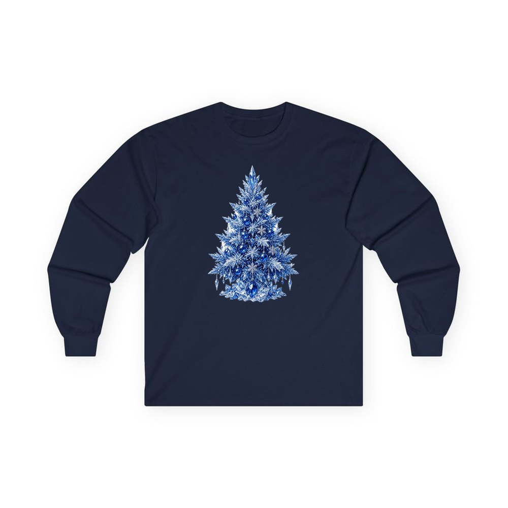 Icy Blue Crystal Tree personalised long sleeve Christmas T-shirt in navy