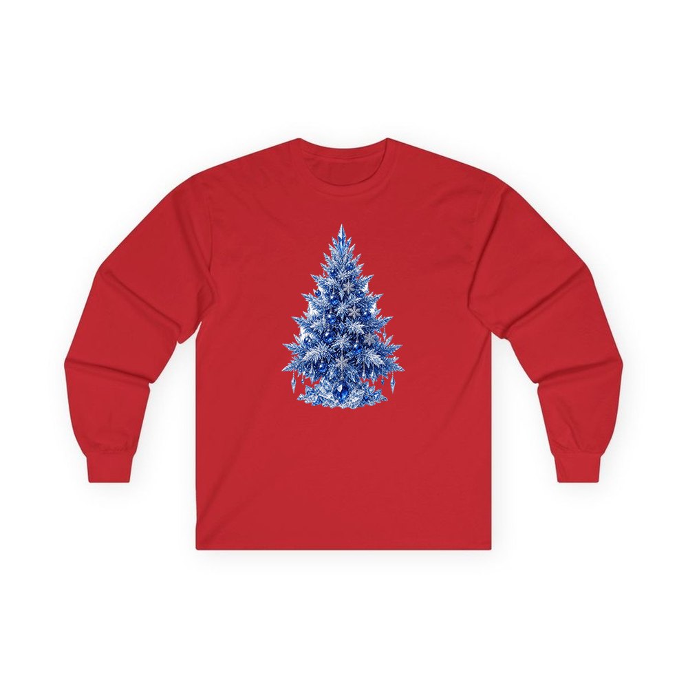 Icy Blue Crystal Tree personalised long sleeve Christmas T-shirt in red