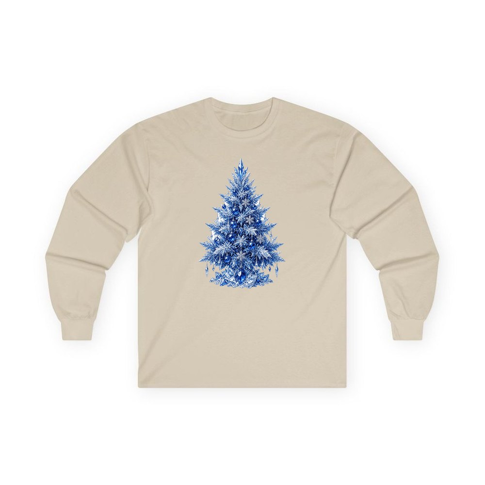 Icy Blue Crystal Tree personalised long sleeve Christmas T-shirt in sand
