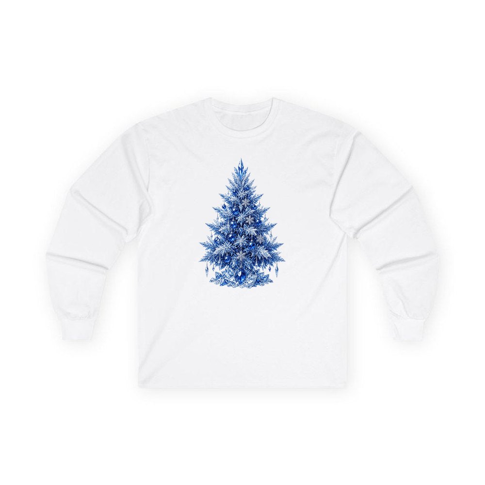 Icy Blue Crystal Tree personalised long sleeve Christmas T-shirt in white