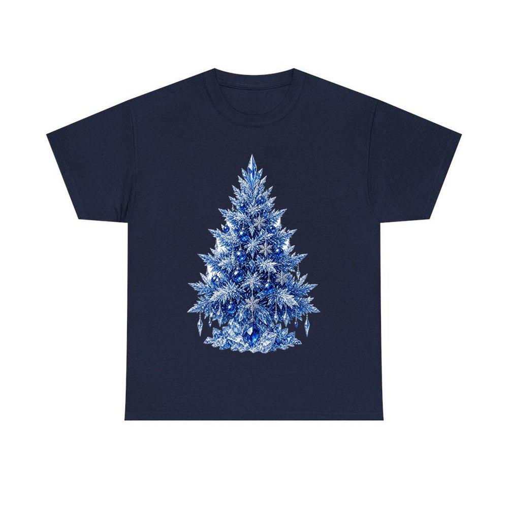 Icy Blue Crystal Tree personalised Christmas T-shirt in navy
