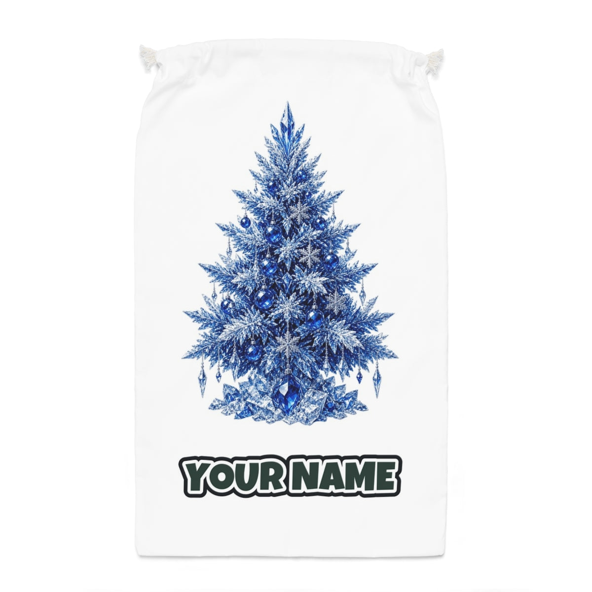 Icy Blue Crystal Tree Santa sack laid flat, showing the full print