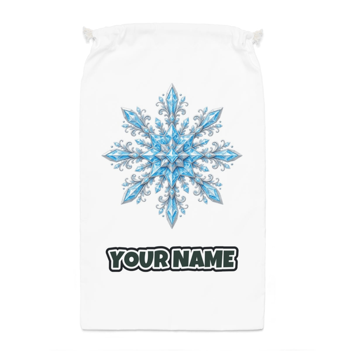 Icy Crystal Snowflake Santa sack laid flat, showing the full print