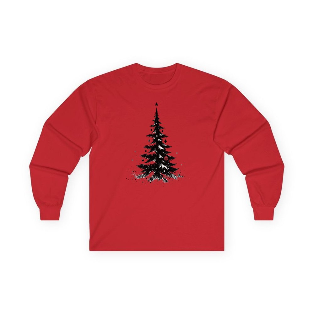 Ink Sketch Christmas Tree personalised long sleeve Christmas T-shirt in red