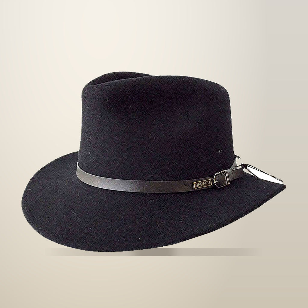 Jacaru 1849 Wool Fedora Hat, Black, Crushable, on a plain cream background
