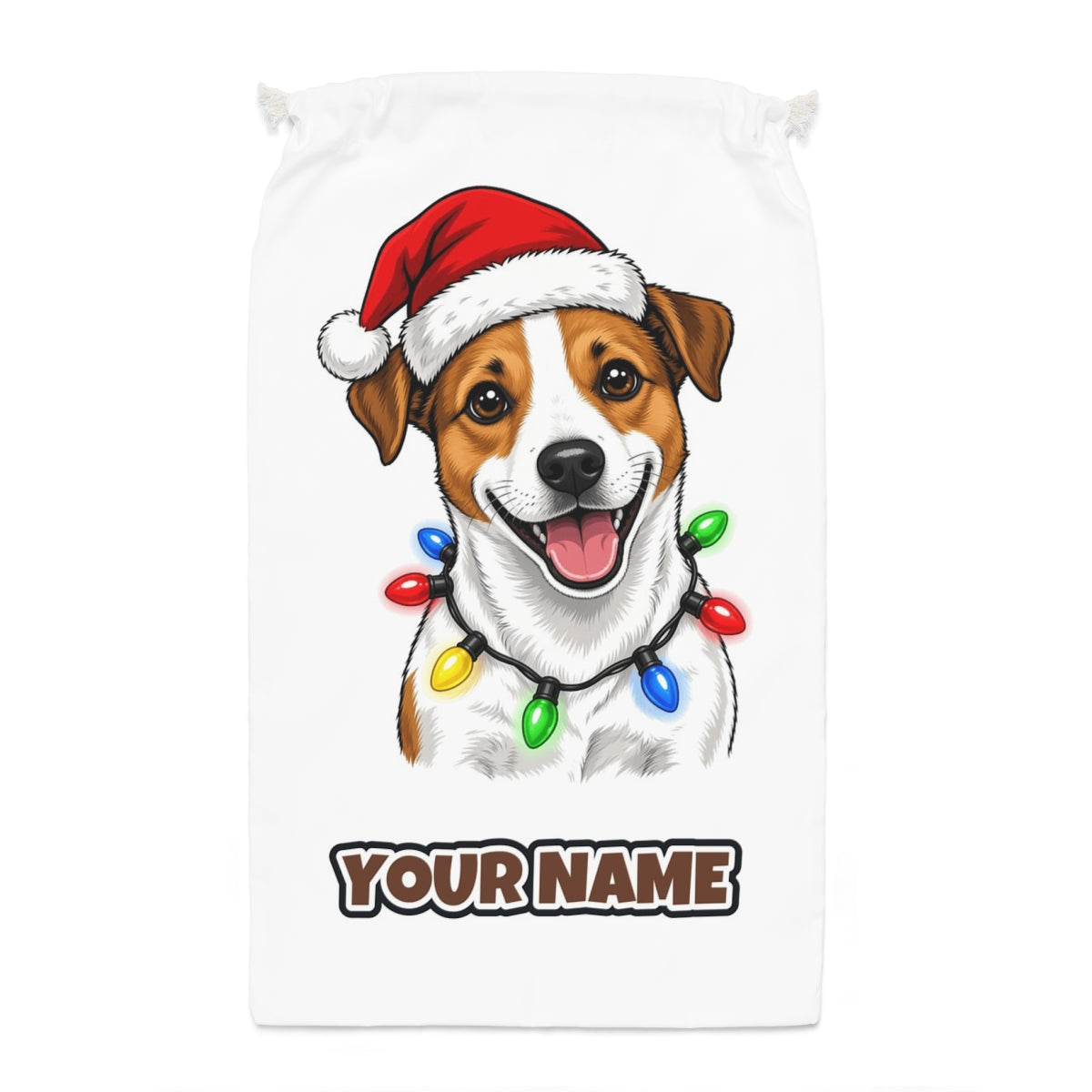 Jack Russell Santa sack laid flat, showing the full print