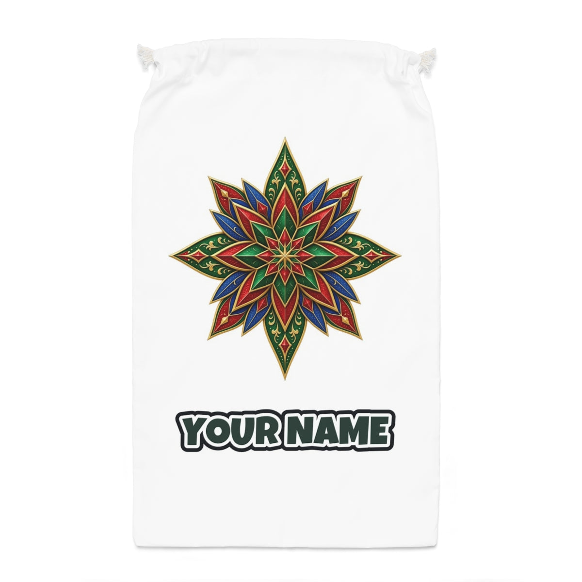 Jewel Tone Star Santa sack laid flat, showing the full print