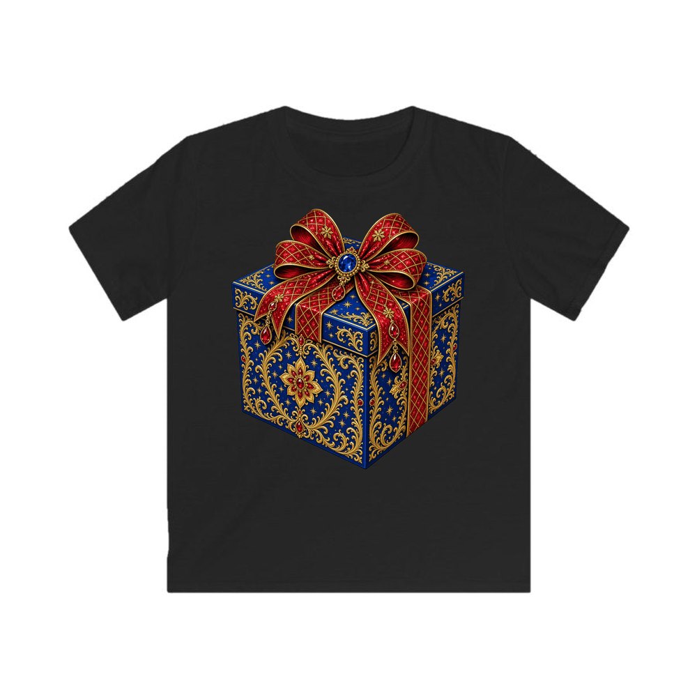 Jewelled Blue Gift Box personalised kids Christmas tee in black