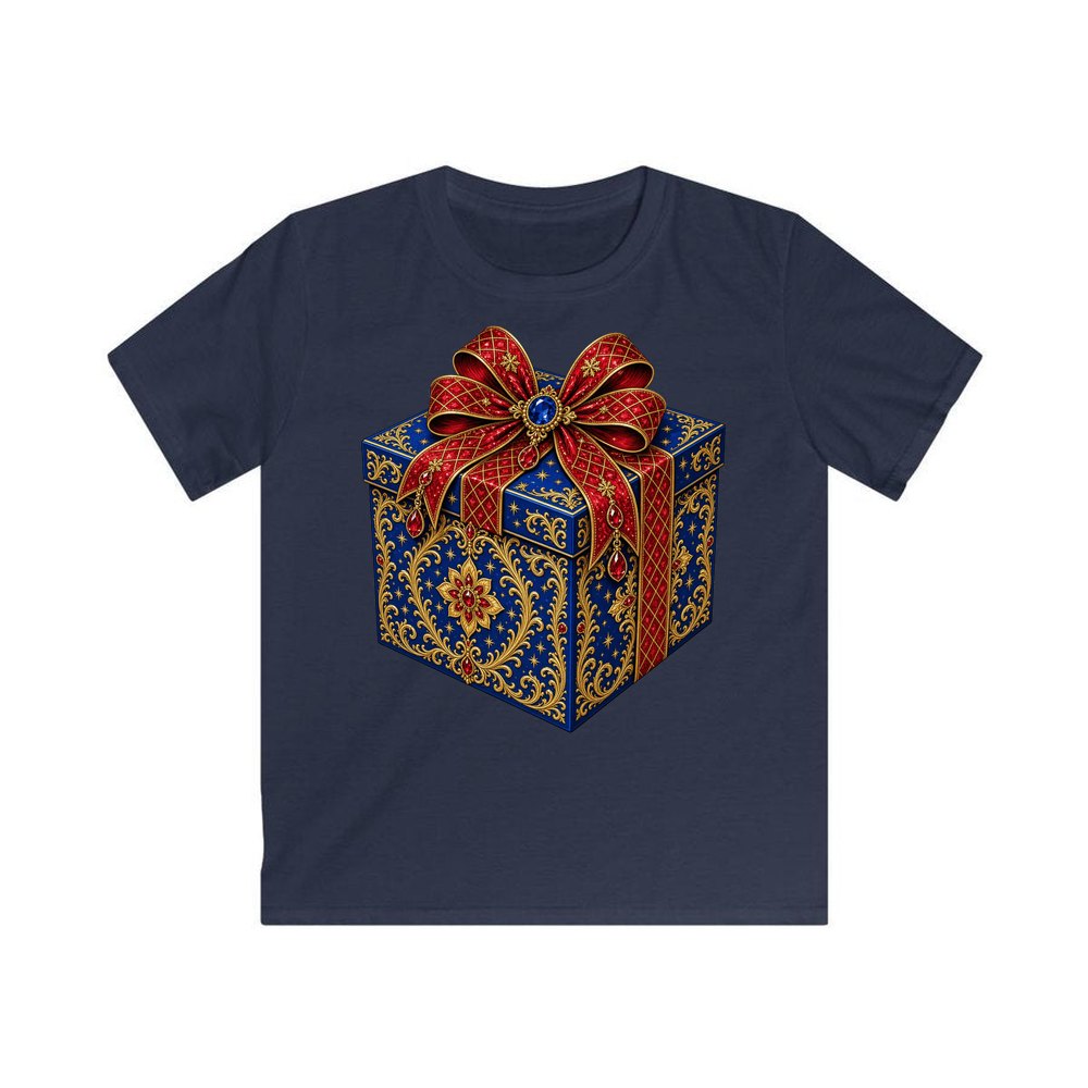 Jewelled Blue Gift Box personalised kids Christmas tee in navy