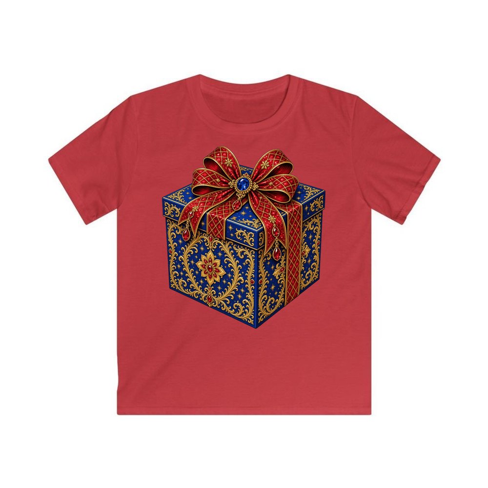 Jewelled Blue Gift Box personalised kids Christmas tee in red