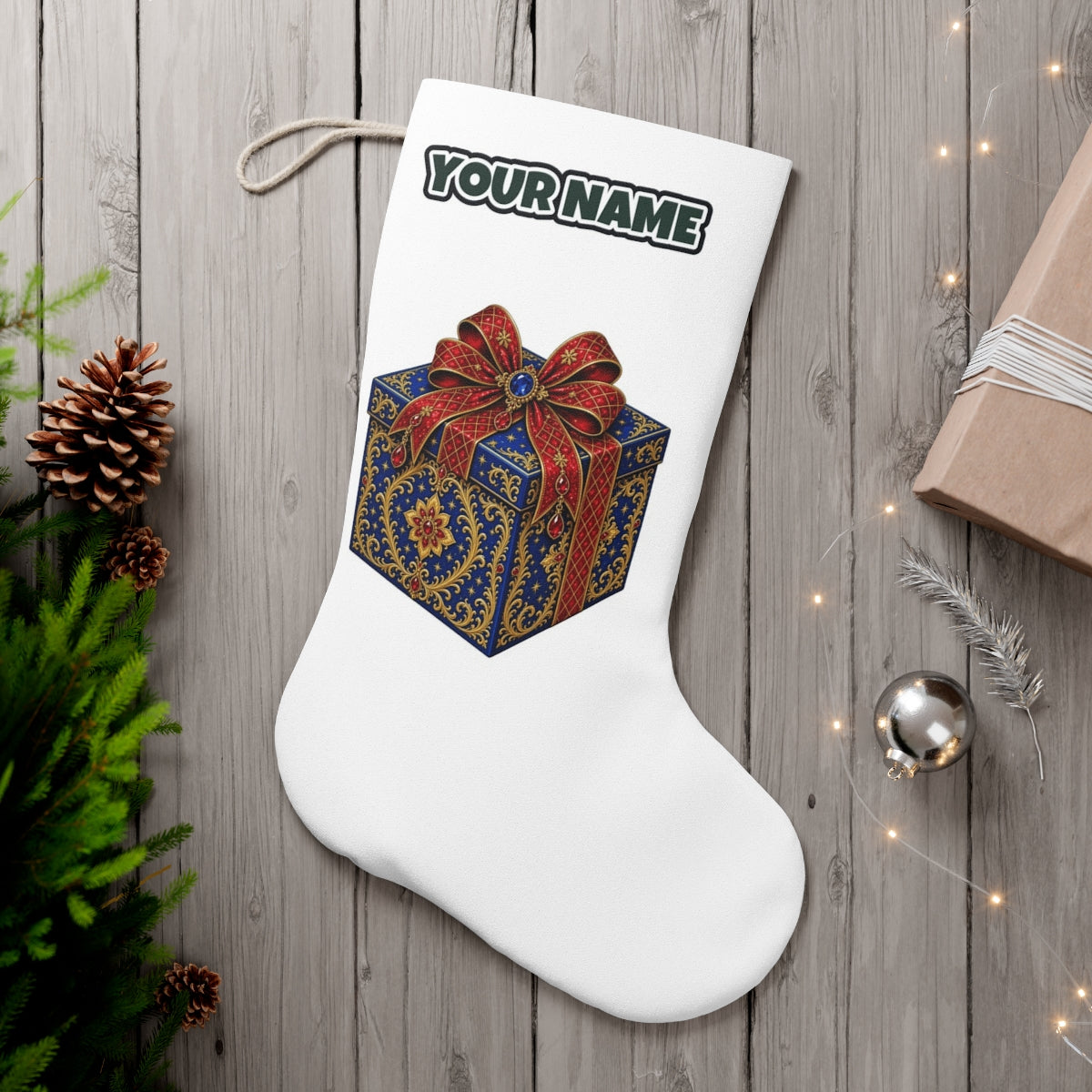Jewelled Blue Gift Box personalised Christmas stocking, white, with the name across the top