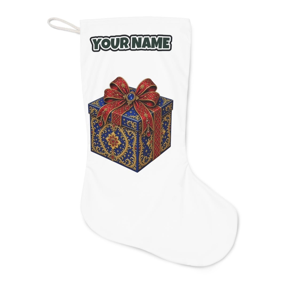 Jewelled Blue Gift Box Christmas stocking laid flat, showing the full print