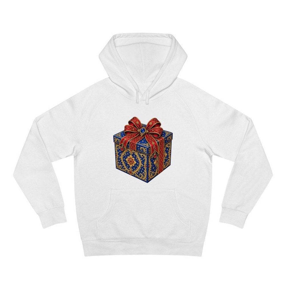 Jewelled Blue Gift Box personalised Christmas hoodie in white
