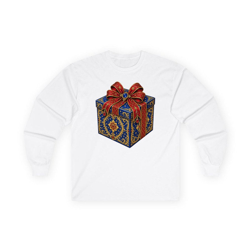 Jewelled Blue Gift Box personalised long sleeve Christmas T-shirt in white