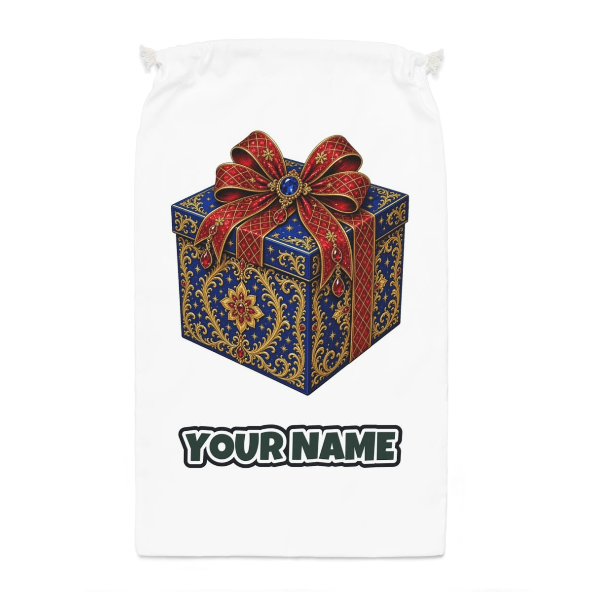 Jewelled Blue Gift Box Santa sack laid flat, showing the full print
