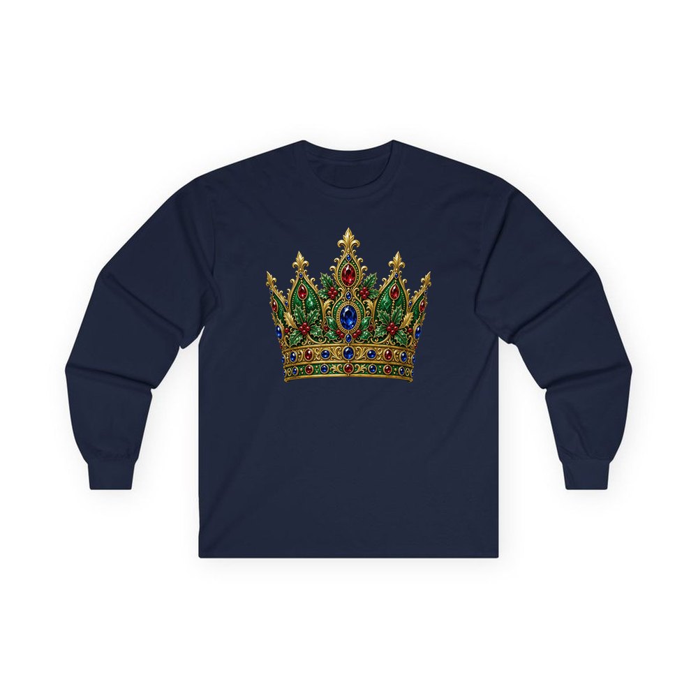 Jewelled Christmas Crown personalised long sleeve Christmas T-shirt in navy