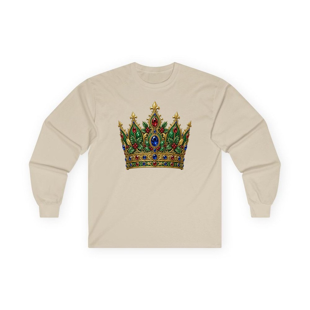 Jewelled Christmas Crown personalised long sleeve Christmas T-shirt in sand