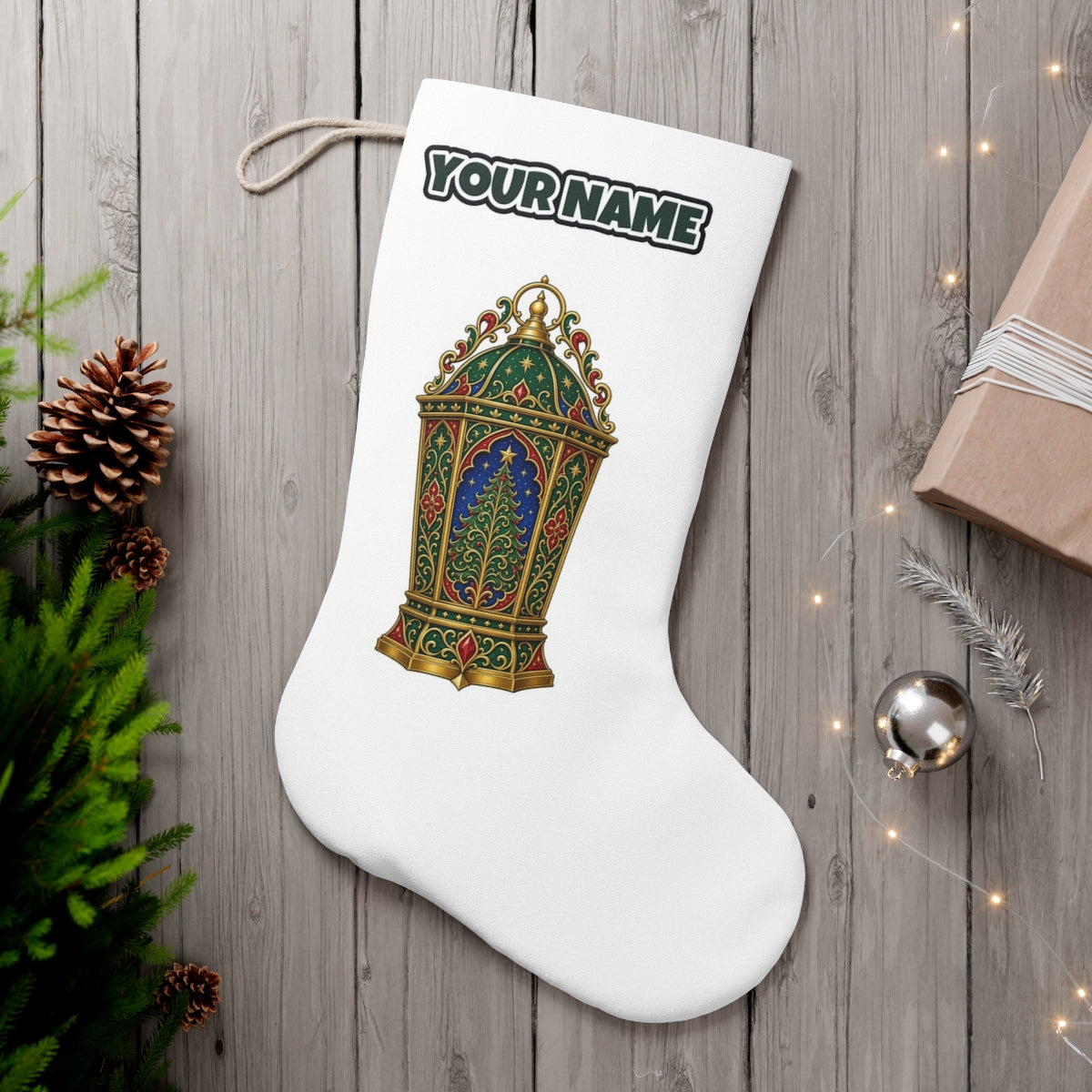 Jewelled Christmas Lantern personalised Christmas stocking, white, with the name across the top