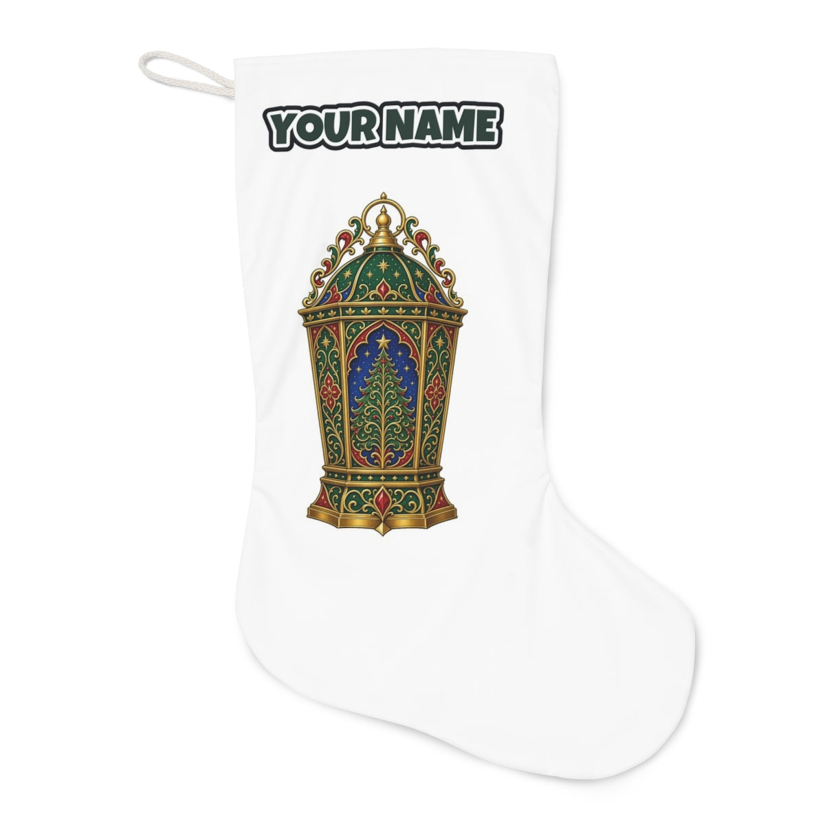 Jewelled Christmas Lantern Christmas stocking laid flat, showing the full print