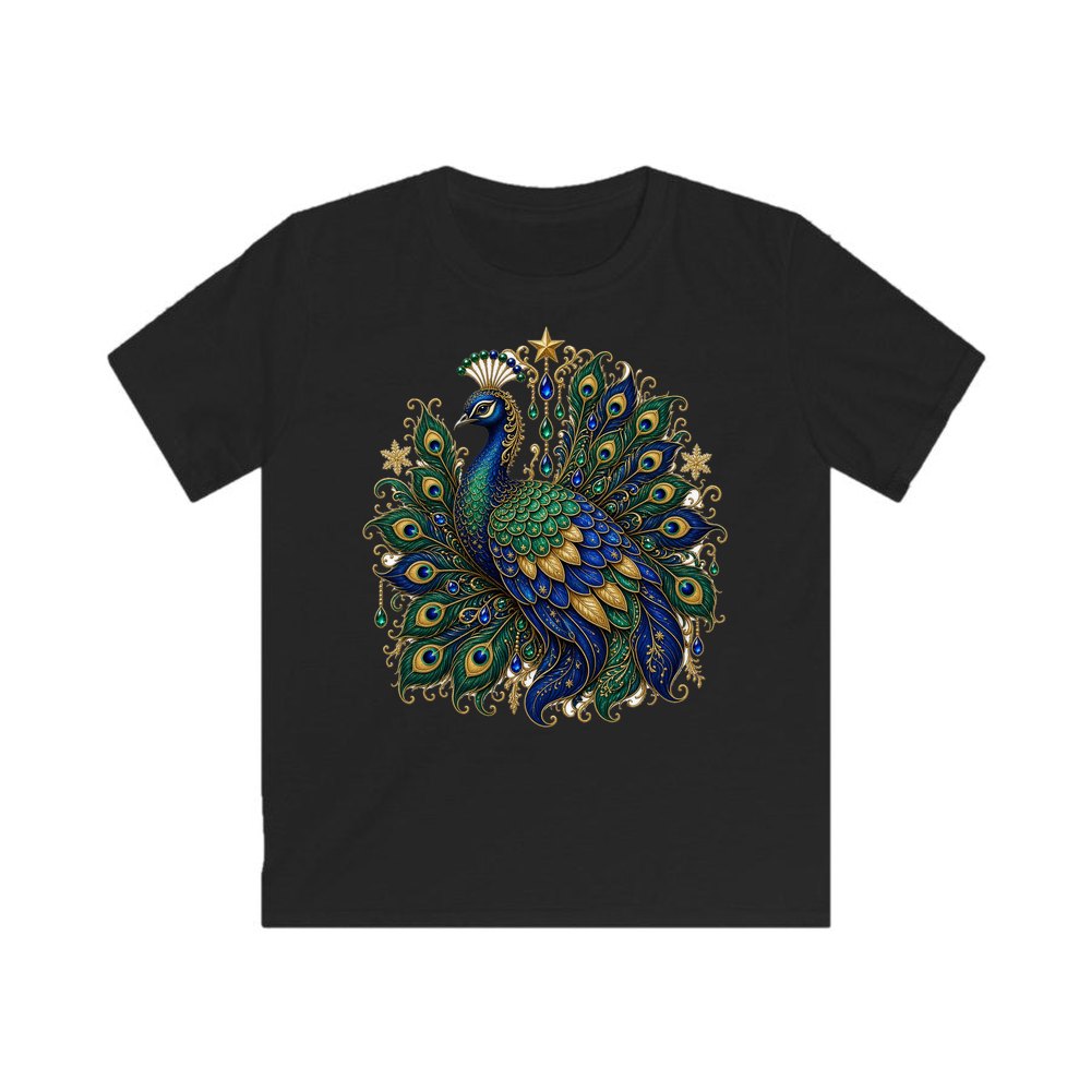 Jewelled Christmas Peacock personalised kids Christmas tee in black