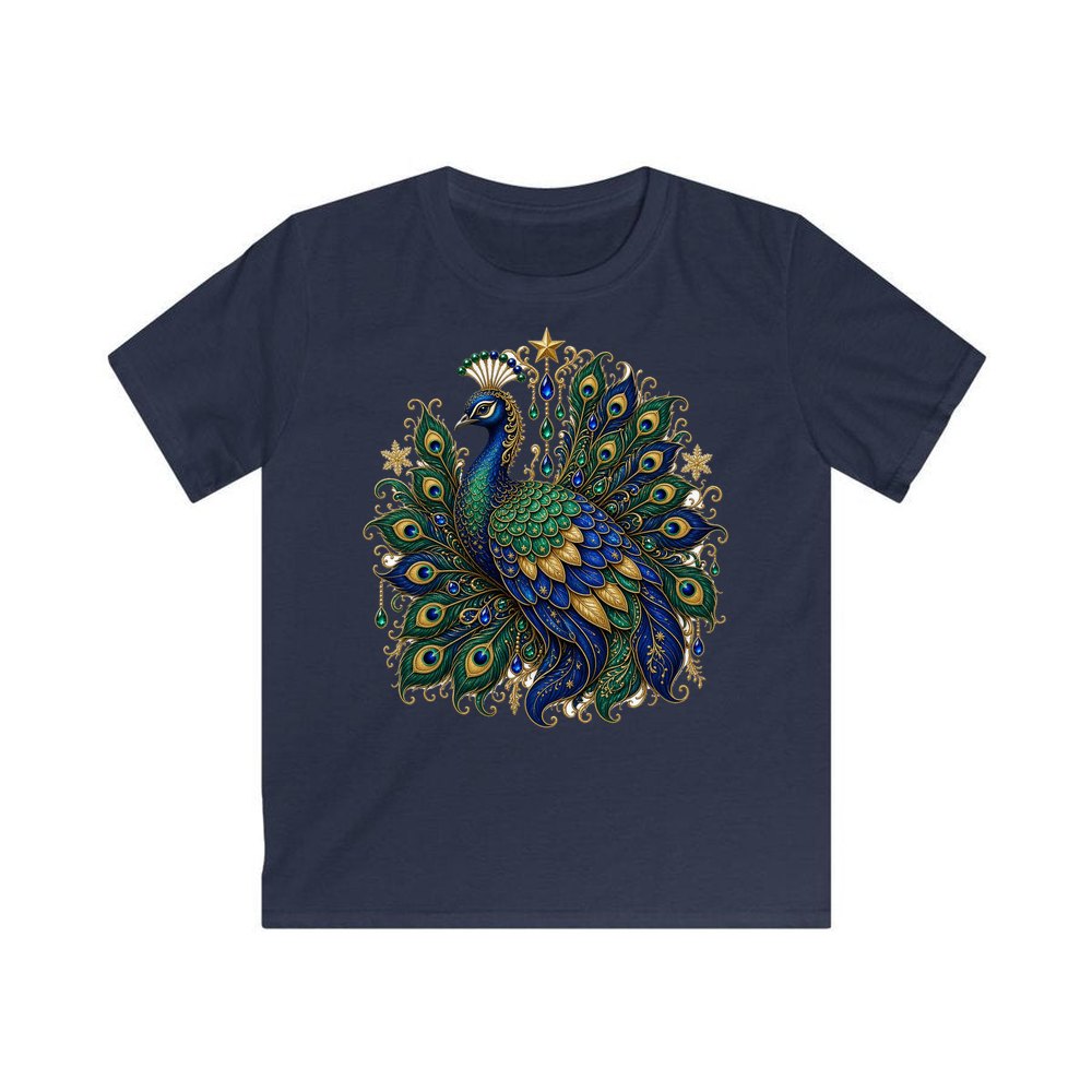 Jewelled Christmas Peacock personalised kids Christmas tee in navy