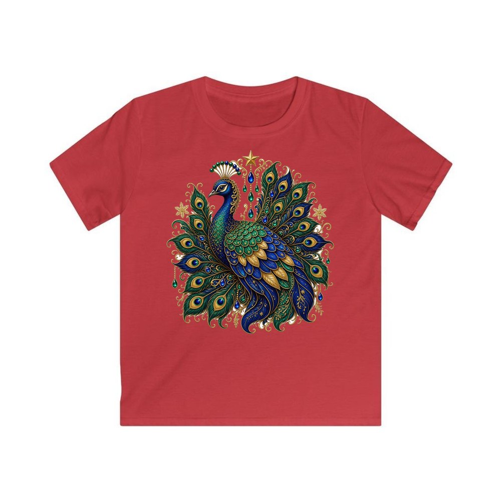Jewelled Christmas Peacock personalised kids Christmas tee in red