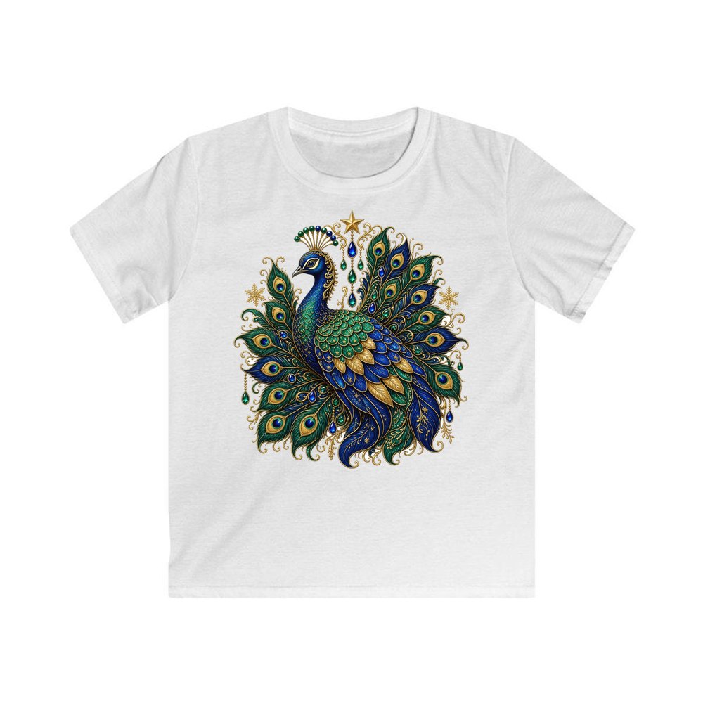 Jewelled Christmas Peacock personalised kids Christmas tee in white
