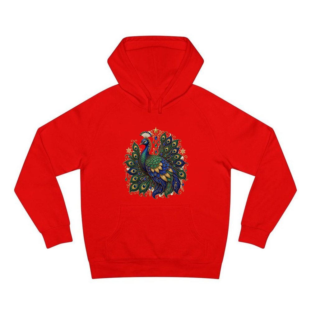 Jewelled Christmas Peacock personalised Christmas hoodie in red
