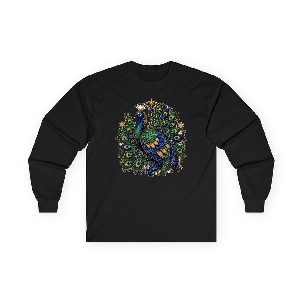 Jewelled Christmas Peacock personalised long sleeve Christmas T-shirt in black