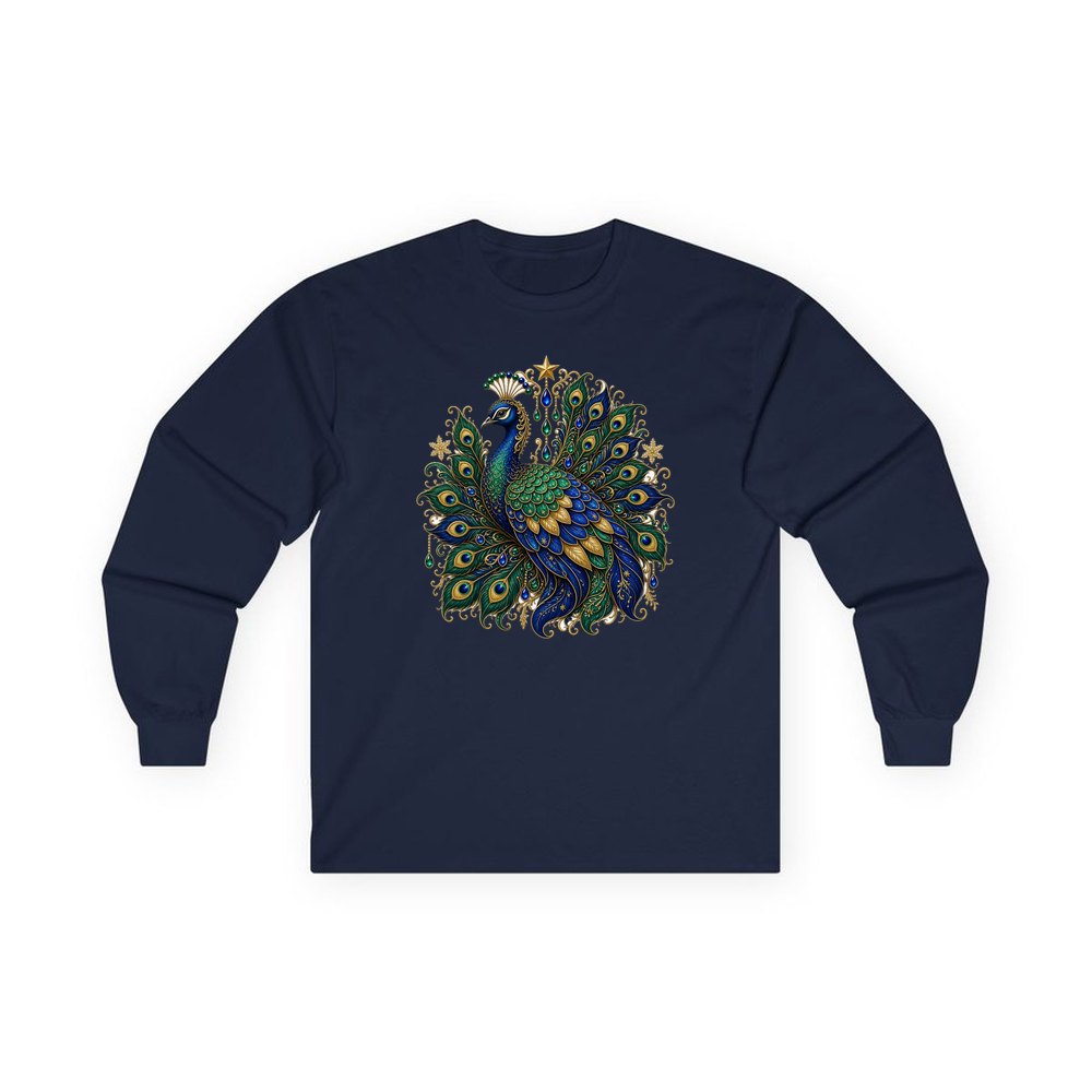 Jewelled Christmas Peacock personalised long sleeve Christmas T-shirt in navy