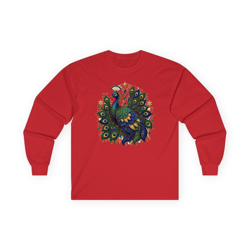 Jewelled Christmas Peacock personalised long sleeve Christmas T-shirt in red
