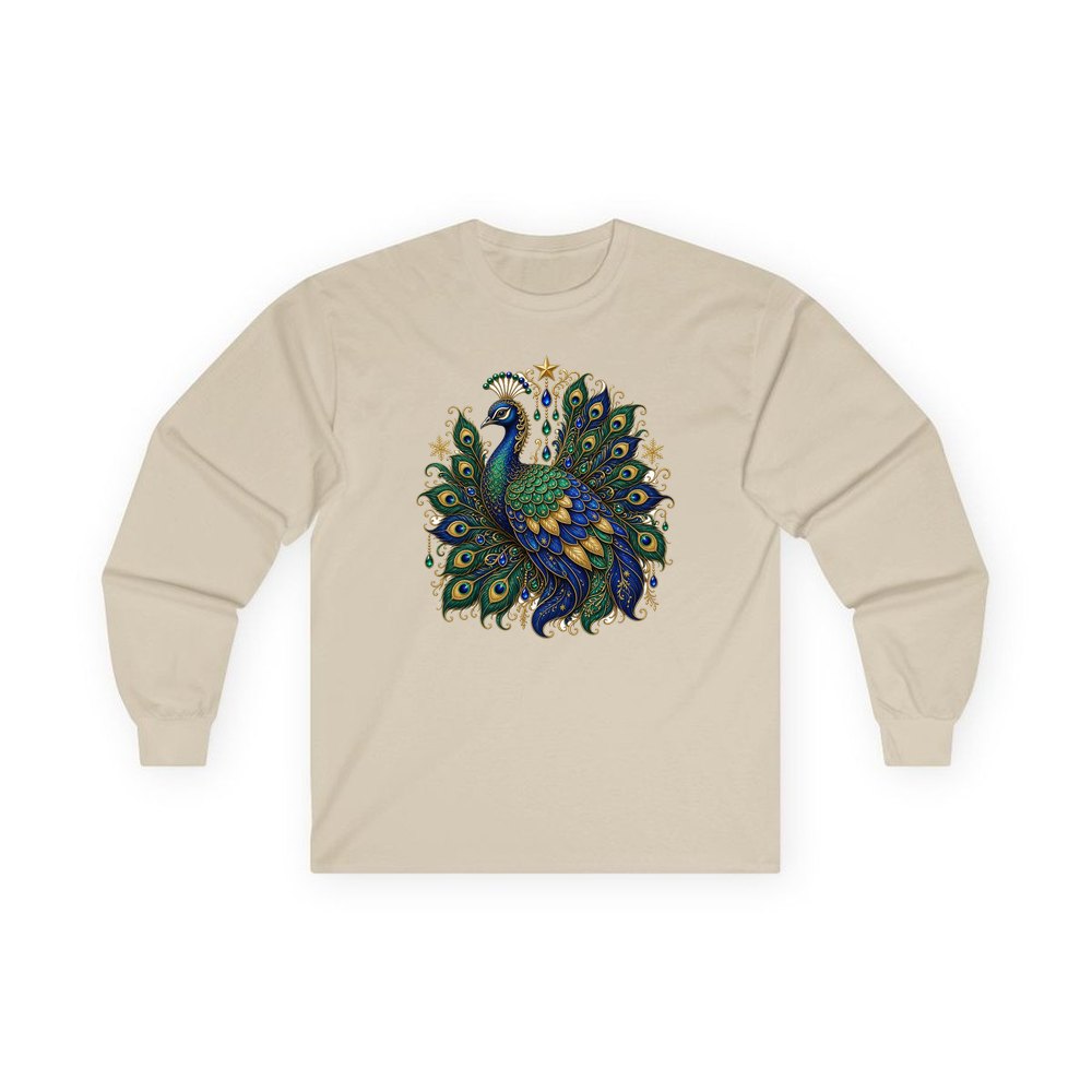 Jewelled Christmas Peacock personalised long sleeve Christmas T-shirt in sand