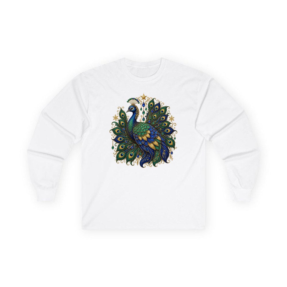 Jewelled Christmas Peacock personalised long sleeve Christmas T-shirt in white
