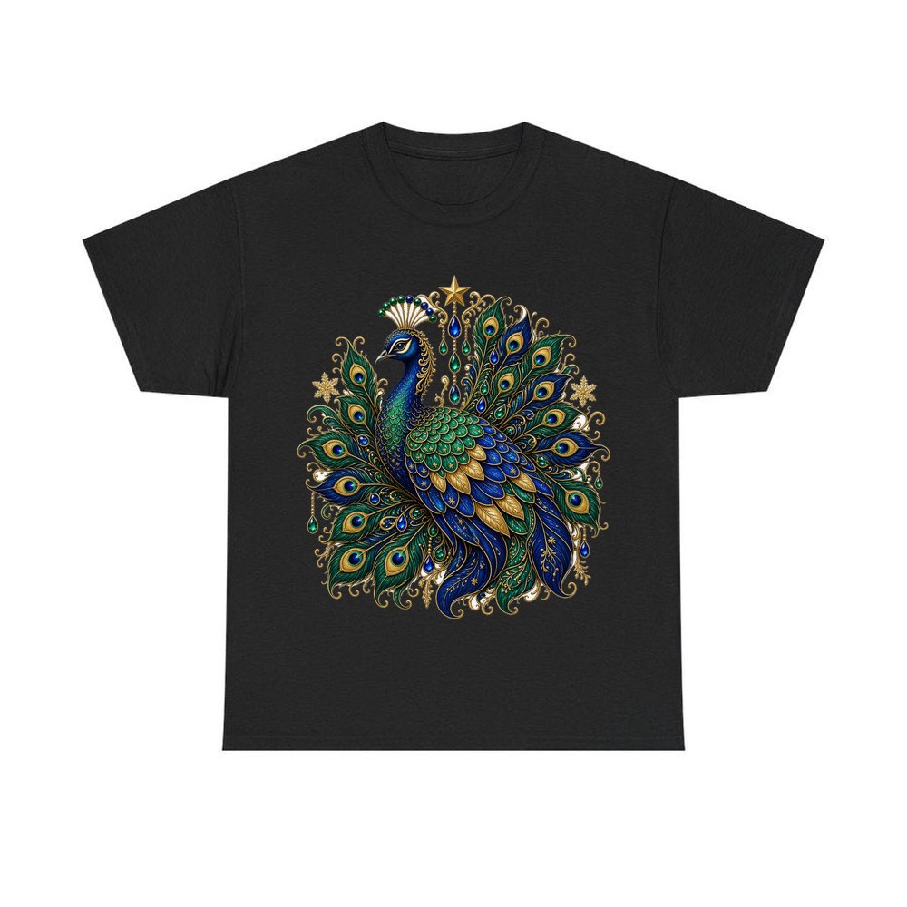 Jewelled Christmas Peacock personalised Christmas T-shirt in black