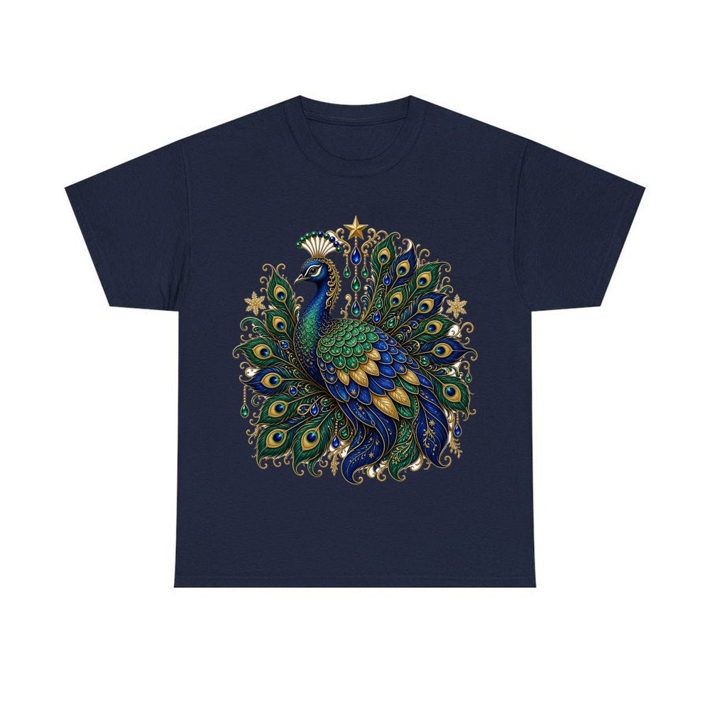 Jewelled Christmas Peacock personalised Christmas T-shirt in navy