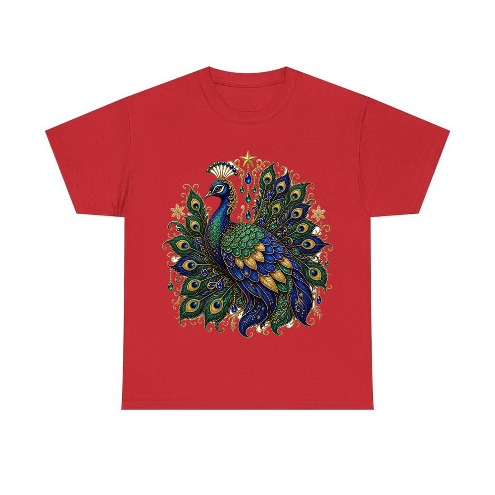 Jewelled Christmas Peacock personalised Christmas T-shirt in red