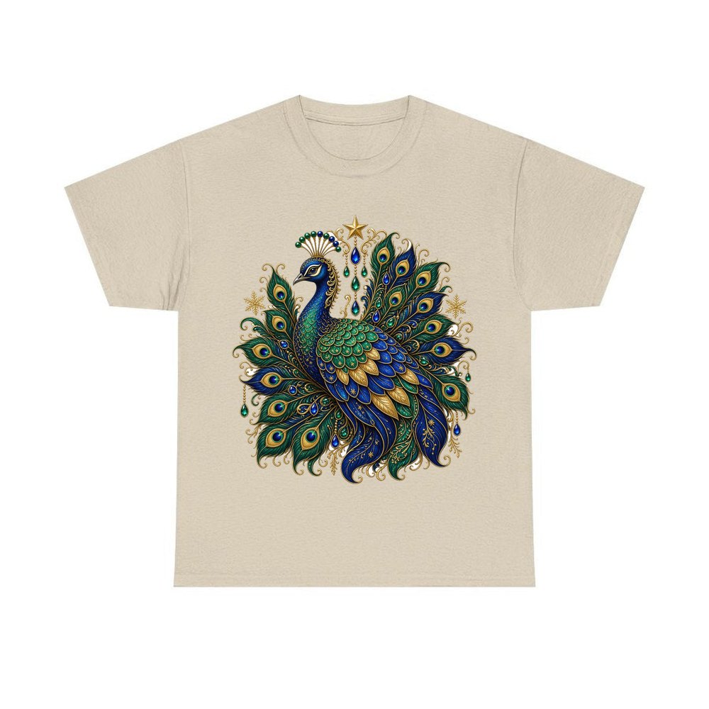 Jewelled Christmas Peacock personalised Christmas T-shirt in sand