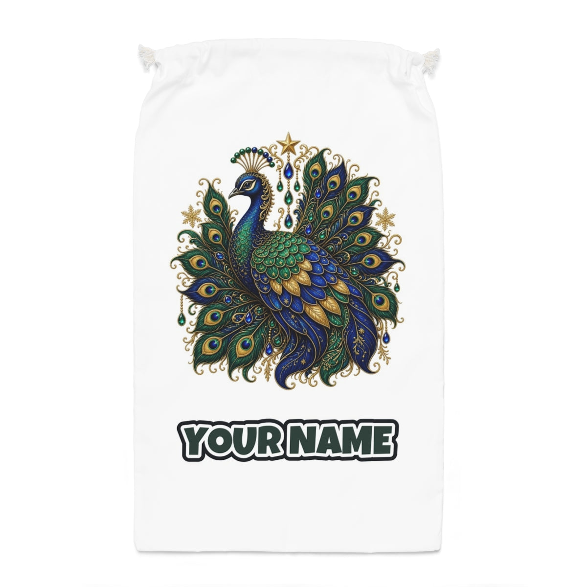 Jewelled Christmas Peacock Santa sack laid flat, showing the full print