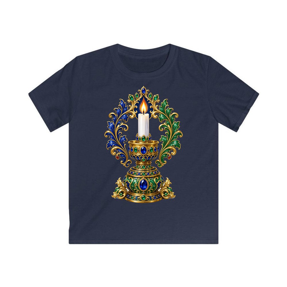 Jewelled Gold Candle Holder personalised kids Christmas tee in navy