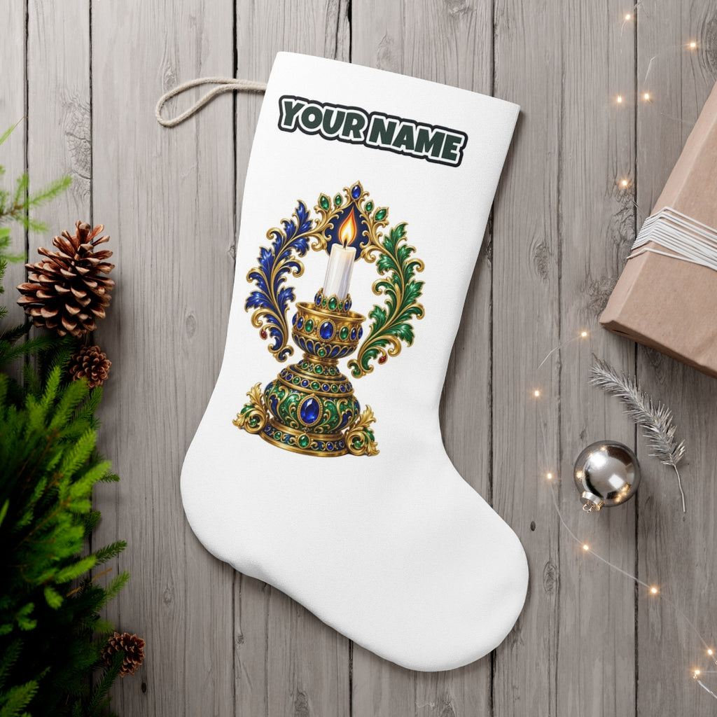 Jewelled Gold Candle Holder personalised Christmas stocking, white, with the name across the top