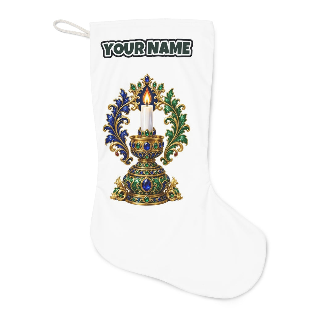 Jewelled Gold Candle Holder Christmas stocking laid flat, showing the full print